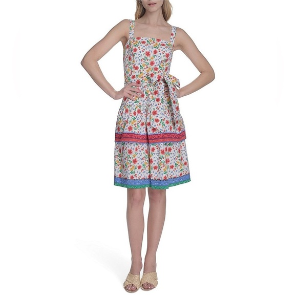 Eliza J. Floral Print Midi Dress Square Neck Sleeveless Bow - Picture 3 of 14